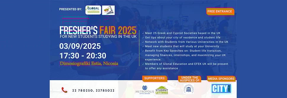 FRESHERS FAIR 2025 – Για όλους τους/τις φοιτητές/φοιτήτριες από την Κύπρο που ξεκινούν σπουδές στο Ηνωμένο Βασίλειο
